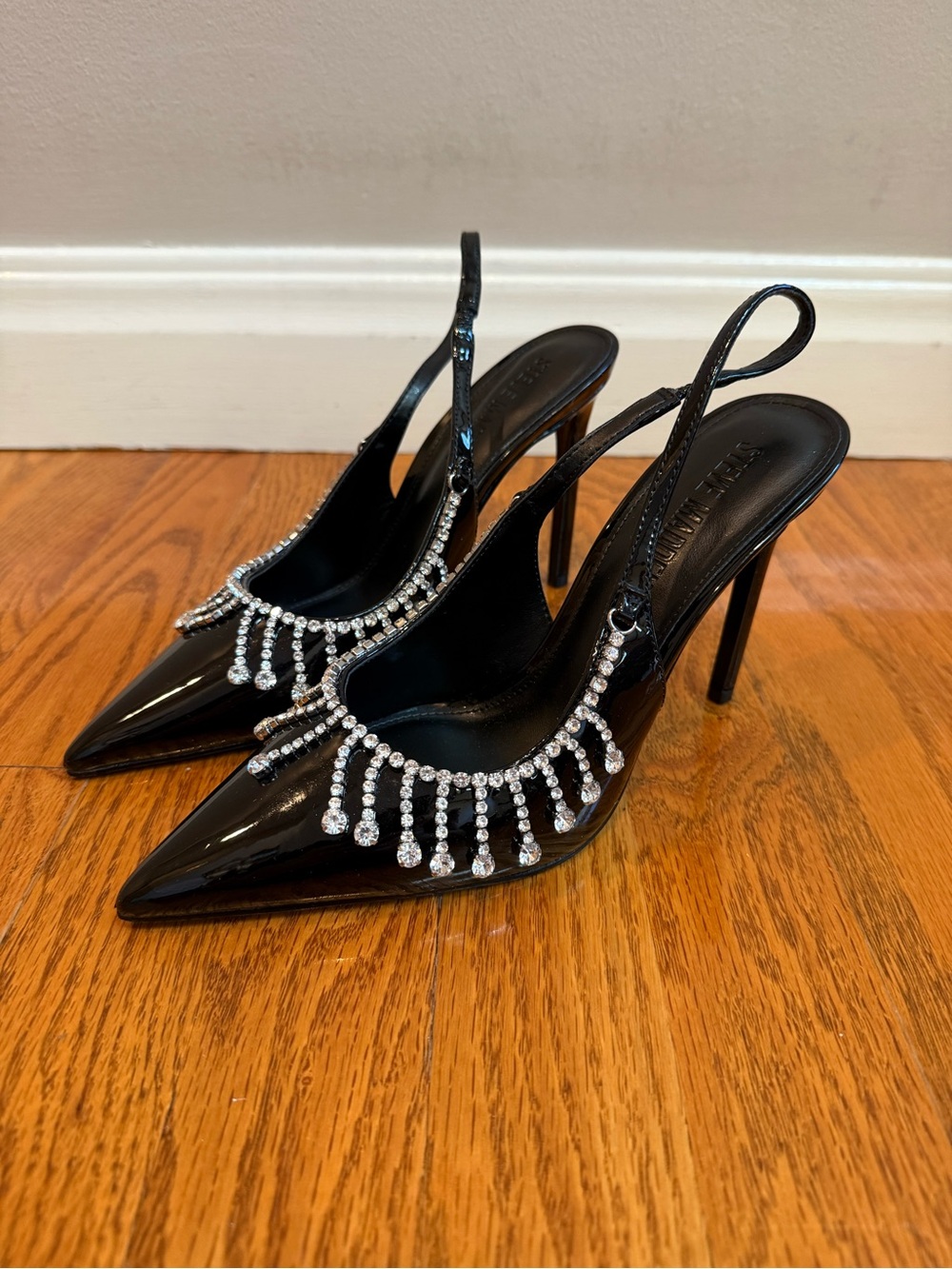 Steve Madden Thrill Black Patent Crystal-Trim Slingback Pumps